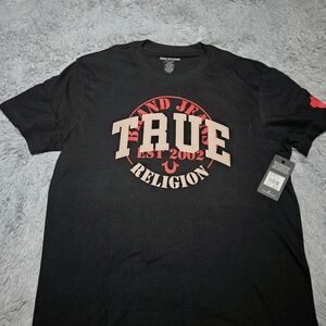 True Religion Black Short Sleeve Tee with Beige and Red 'TRUE' Logo